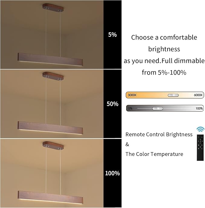 39.4" Wood Linear Pendant Light 24w Led Dimmable Dining Room Light Wood Kitchen Island Pendant Hanging Light for Kitchen Island Office Lights Walnut Color