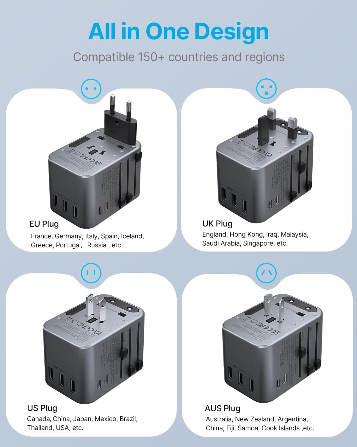 Universal Travel Adapter, VINTAR 35.5W International Power Adapter with 3 USB A QC and 2 USB C PD, All in One Plug Adapter Worldwide Travel Essentials for EU/UK/USA/AUS(Type C/G/A/I), Silver