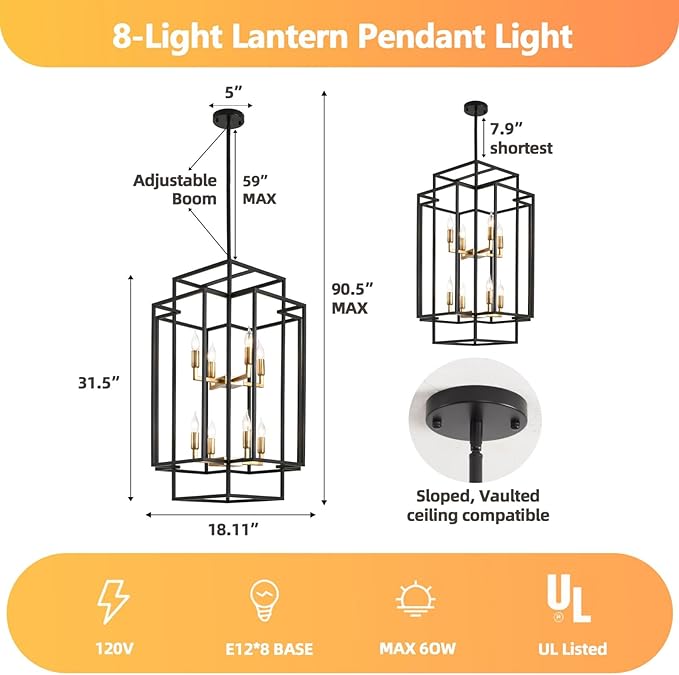 WJShome 8-Lights Farmhouse Chandelier, Modern Foyer Lighting Fixtures, Large Chandeliers for High Ceilings, Black and Gold Tiered Lantern Pendant Light, for Living Room, Staircase, Entryway