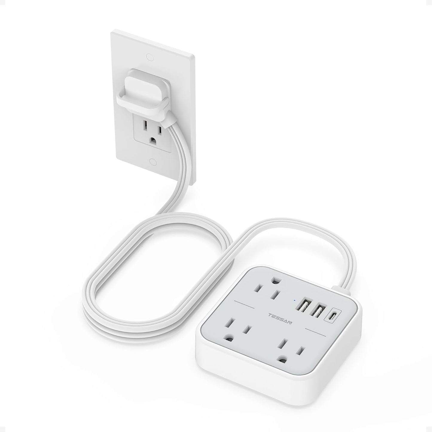 Cruise Essentials, TESSAN Flat Plug Travel Power Strip, Non Surge Protector for Cruise Ship, 3 Outlets 3 USB (1 USB C), 5 FT Extension Cord Small Power Strip with Ring Pull, Portable for Travel