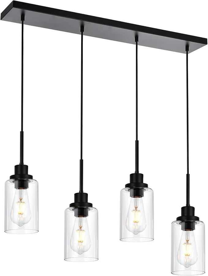 Black Pendant Light Fixtures with Clear Glass, 4-Lights Adjustable Height Hanging Ceiling Lights, Kitchen Island Lighting for Living Room Office Bar Farmhouse