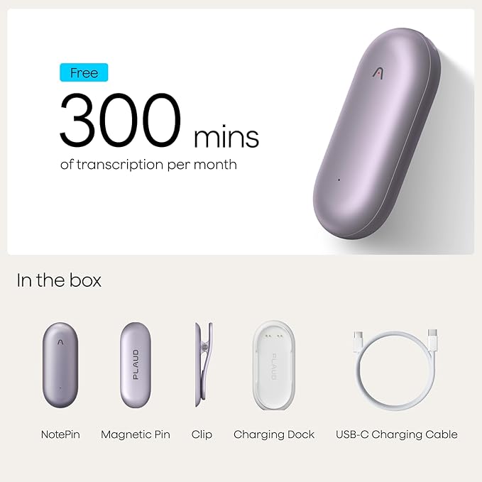 Plaud NotePin Voice Recorder, AI Voice Recorder, App Control, AI Notetaker, AI Transcribe & Summarize, Support 112 Languages, 64GB Memory, Audio Recorder for Lectures, Meetings, Sunset Purple