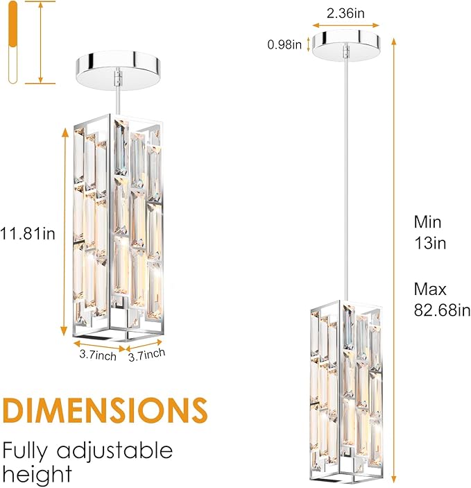 Chrome Pendant Lights Modern Pendant Light Fixture, Mini Crystal Pendant Ceiling Light, Pendant Light for Kitchen Island, Dinning Room, Bedroom, Kitchen Sink Lighting (2-Pack)