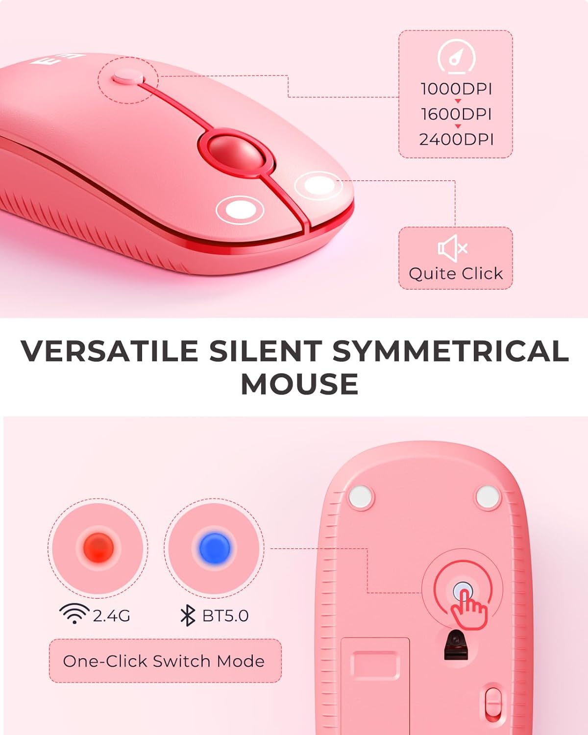 seenda Bluetooth Keyboard and Mouse for iPad, CTU-301 Multi-Device Bluetooth + 2.4G Wireless Keyboard Mouse with Tablet Holder for MacBook/Windows Computer, iOS/Andriod Tablet Phone, Coral Pink