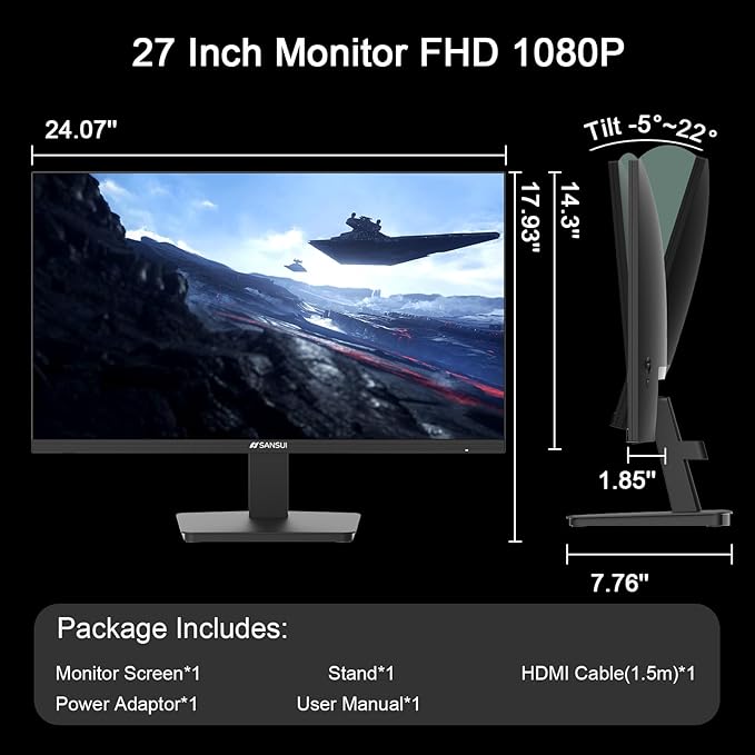 SANSUI 27 Inch Monitor, IPS 120Hz Computer Monitor Full HD 1920 x 1080P with HDMI DP Interfaces, Eye Care, Frameless, 100 x 100mm VESA Mountable (HDMI Cable Included)