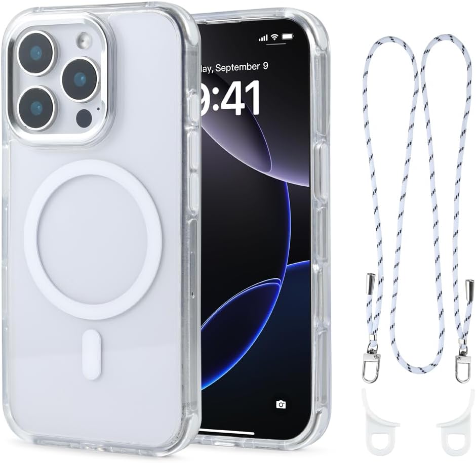 for iPhone 16 Pro Case with 62.99 inch Lanyard, Classic Clear&White Magnetic Phone Case, Drop&Shockproof Protection Cases, Phone Lanyard for Around The Neck, Compatible with Magnet Accessory