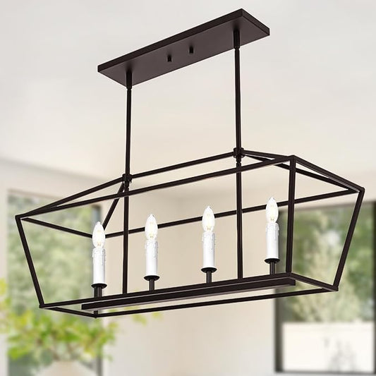 4-Light Kitchen Island Pendant Lighting Fixture, Farmhouse Dining Room Chandelier Over Table, Oil Rubbed Bronze & E12 Bulb Base
