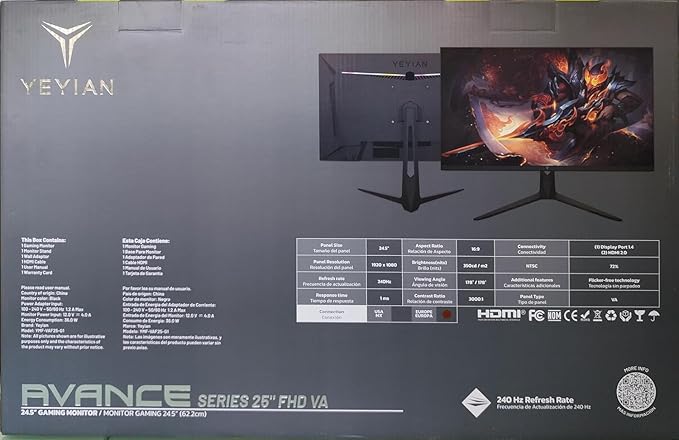 25 inch Gaming Monitor 1080P FHD 240Hz 1ms, YEYIAN 24.5" Flat Framless PC Monitors, 92% sRGB VA Screen Computer Monitor, HDR 10, HDMI x2, DP, Freesync Premium, Adaptive G-Sync, VESA Mount, Tilt Adjust