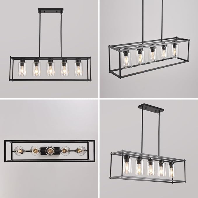 Black Dining Room Light Fixture, 5-Lights Modern Rectangular Chandelier with Clear Glass Shades, Farmhouse Linear Island Lights for Kitchen Pool Table Bar, L35.4