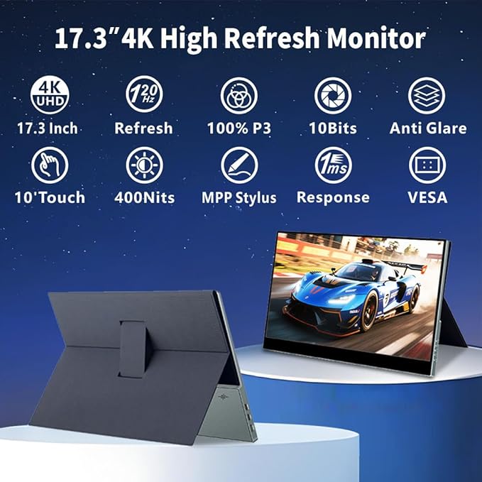 Portable Monitor 4K 120Hz,17.3 Inch Touchscreen Dispaly,100% P3，Support MPP Stylus,VESA & Smart Cover Anti-Glare Eye Care Gaming Monitor for Console,Laptop,Mac,PC