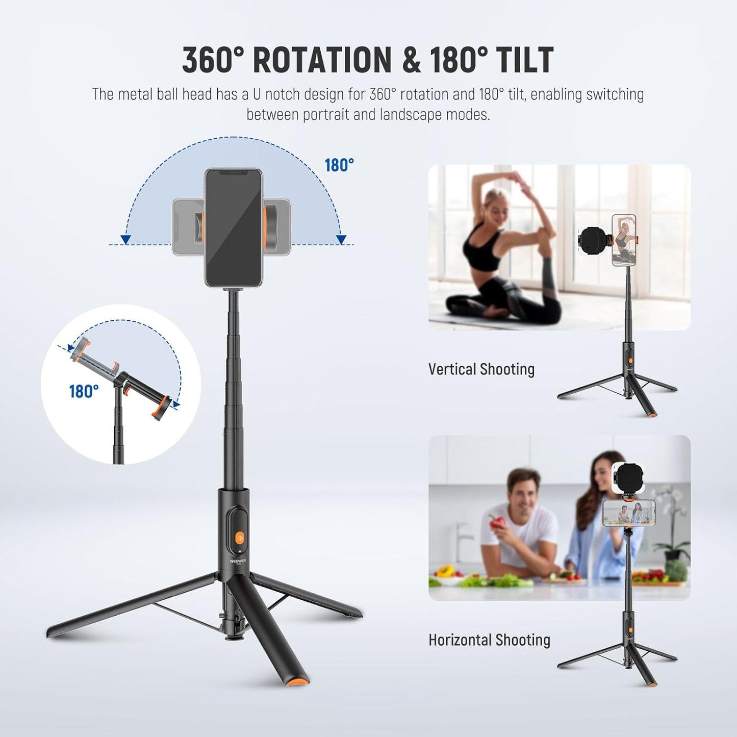 NEEWER 57.9" Selfie Stick Tripod Compatible with iPhone Samsung Android, Metal Portable Lightweight Travel Cell Phone Stand with Phone Holder Mount & Remote for Video Recording Filming, PA992 Black