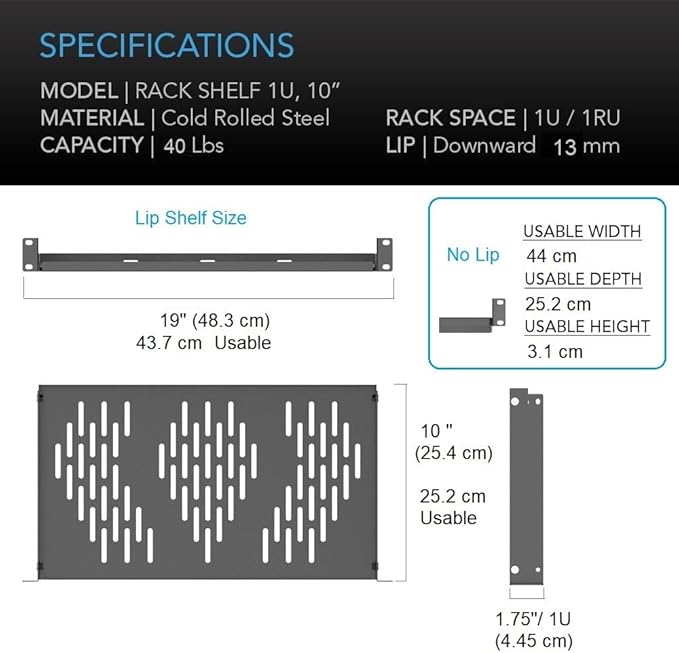 Beiyier 1U Universal Rack Shelf, 10" Deep Vented Cantilever Tray, for 19” Network Equipment Rack & Cabinet (1PCS, Black)