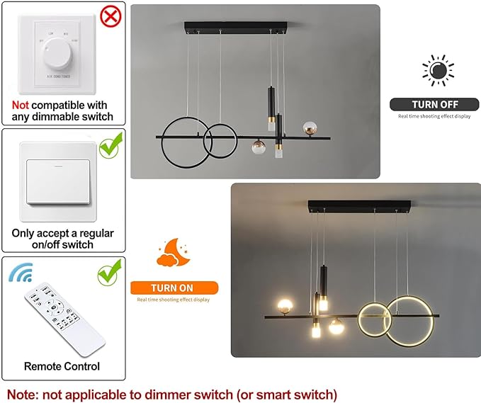Siittoo Modern Chandeliers for Dining Room, Dimmable Led Linear Pendant Light with Remote Control, Black Gold Pendant Lighting Hanging Light Fixtures for Kitchen Island, Dining Room, Living Room (48W)