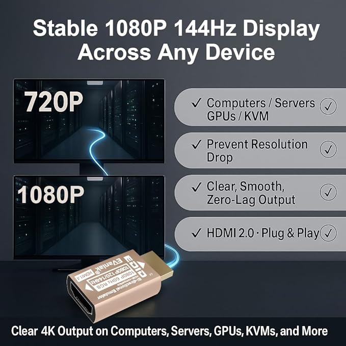 EVanlak HDMI EDID Emulator Adapter Dummy Plug, Virtual Display Headless Ghost HDMI Passthrough 1920x1080@60Hz to 144Hz, Bi-Directional Design, Supports VRR & 8CH Audio,Gold -1P