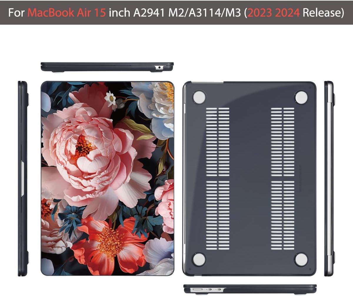 Teryeefi Compatible with MacBook Air 15 inch Case Release 2023 2024, Fits Model A3114/A2941,Design Pattern Slim Cover + Keyboard Cover + OTG Adapter for 15.3 inch MacBook Air M2 M3, Colorful Peonies