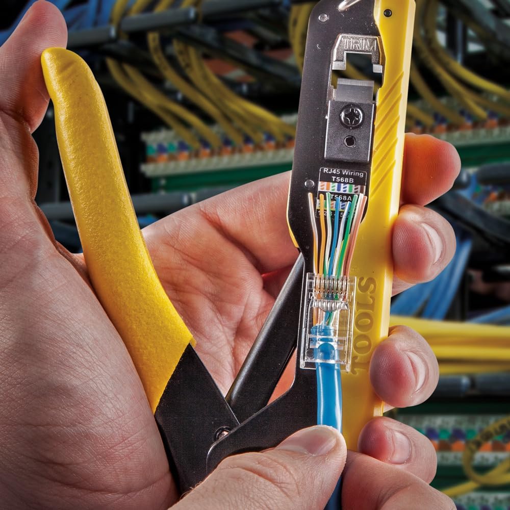Klein Tools VDV026-813 RJ45 Ethernet Cable Tester and Crimper Kit, Pass-Thru Technology, Includes Connectors for Cat5e / CAT6 Data Applications, Pack of 50