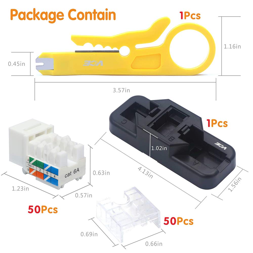 VCE Cat6A RJ45 Keystone Jacks UL Listed 50-Pack, 110-Type UTP Modular Ethernet Jacks Insert 10Gbps, Bundle with Keystone Punch Down Stand and Wire Stripper Cutter