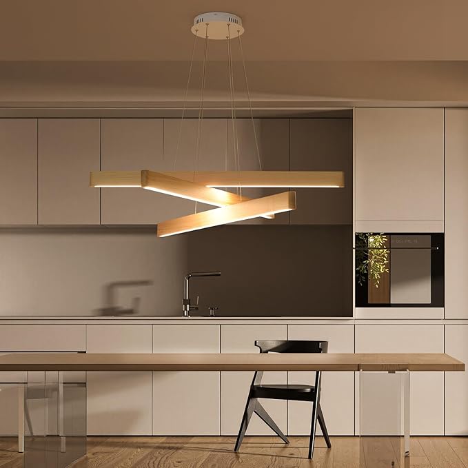 3-Light Solid Wood Natural Linear Pendant Light Modern LED Pendant Light Dimmable Chandelier for Dining Room Table Kitchen Island Living Room Ceiling - 45W Warm Light Adjustable Hanging Fixture