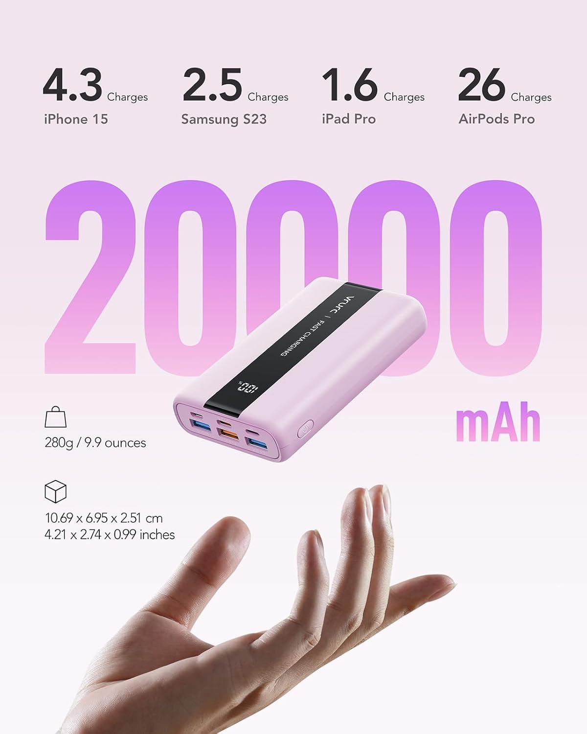 VRURC Power Bank,20000mAh Portable Charger Fast Charging,Compact Travel Essentail,4 Outputs 3 Inputs Battery Pack USB C for iPhone Series,Samsung,Android-Purple