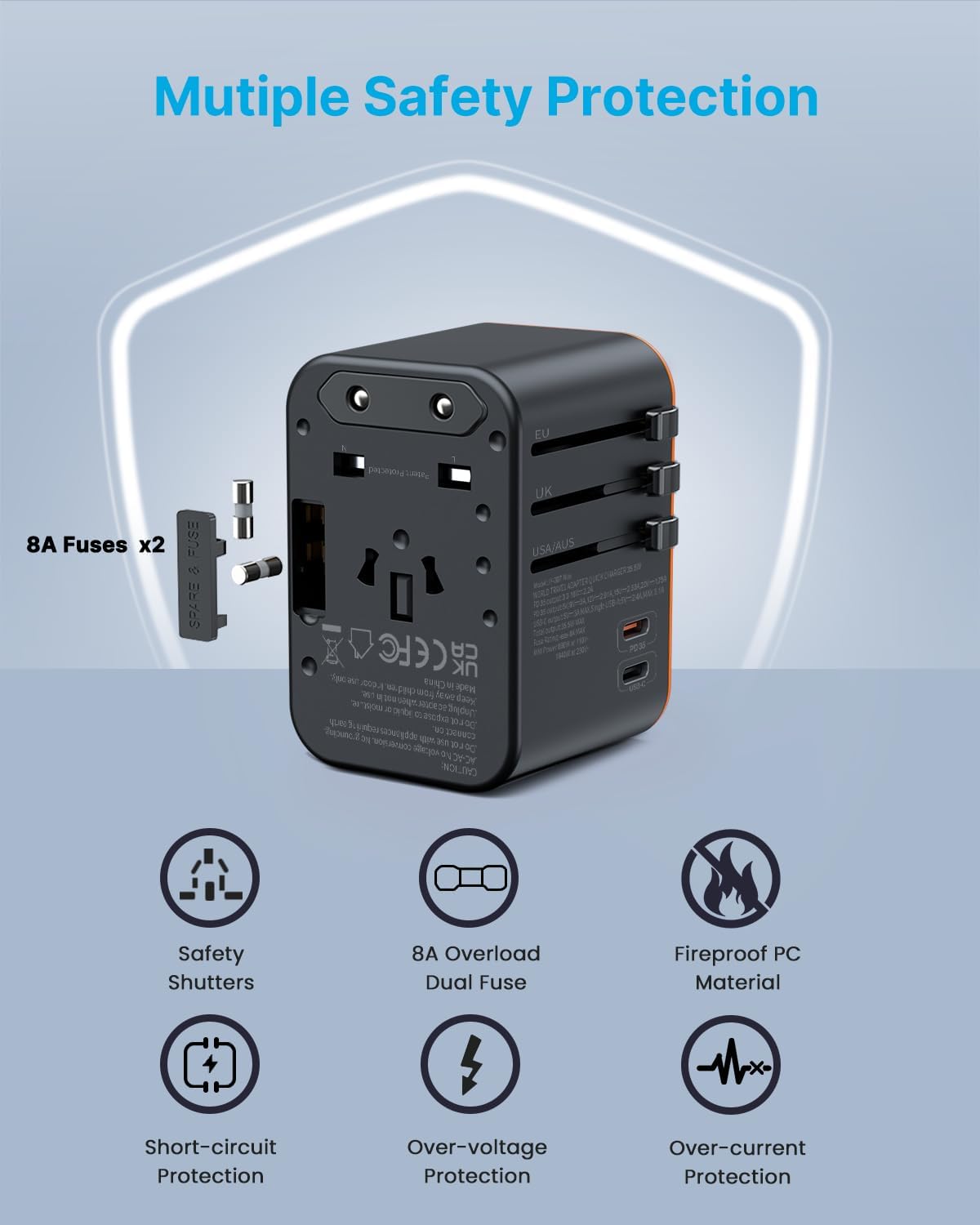 Universal Travel Adapter, VINTAR 35.5W International Power Adapter with 3 USB A QC and 2 USB C PD, All in One Plug Adapter Worldwide Travel Essentials for EU/UK/USA/AUS(Type C/G/A/I), Orange