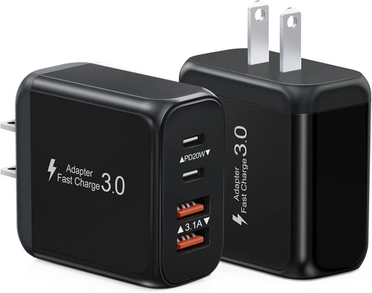40W USB C Charger Block, 2 Pack 4-Ports Type C Fast Charging Cubes PD USBC Wall Plug+QC 3.0 USB A, Multiple USB C Charger for iPhone 16/15/14/13/12/11 Pro Max/XS, Samsung Galaxy, iPad, Tablet, Pixel