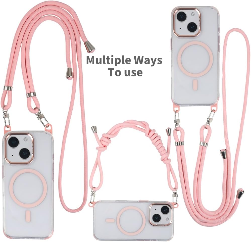 for iPhone 15 Case with 62.99 inch Lanyard, Classic Clear&Pink Magnetic Phone Case, Drop&Shockproof Protection Cases, Phone Lanyard for Around The Neck, Compatible with Magnet Accessory
