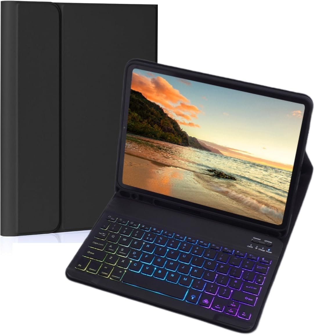 Keyboard Case for Galaxy Tab S10 Lite/ S10 FE/ S9 FE/S9/S8/S7, Slim Lightweight 7 Color Rainbow Backlight Detachable Magnetic Keyboard Cover with S Pen Holder, Black