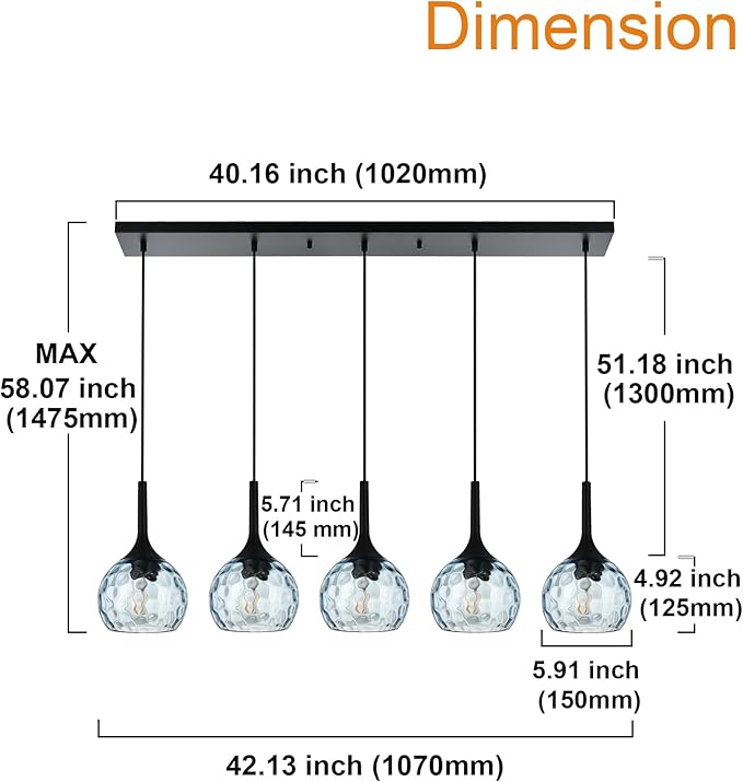 VINLUZ Farmhouse Chandelier 5-Light Classic Pendant Light with Blue Round Ribbed Glass Shade, Black Finish Linear Hanging Lighting Dining Room Light Fixture