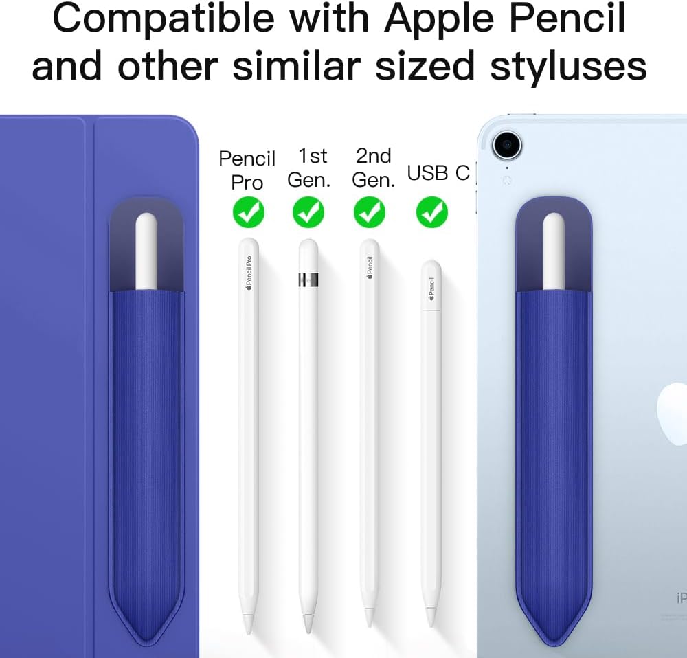 MoKo Pencil Holder Sticker Fit Apple Pencil Pro, Apple Pencil (USB-C), Apple Pencil 1st/2nd Generation, Elastic Pencil Pocket Pouch Adhesive Sleeve Attached to iPad Case for Stylus Pens, Navy Blue