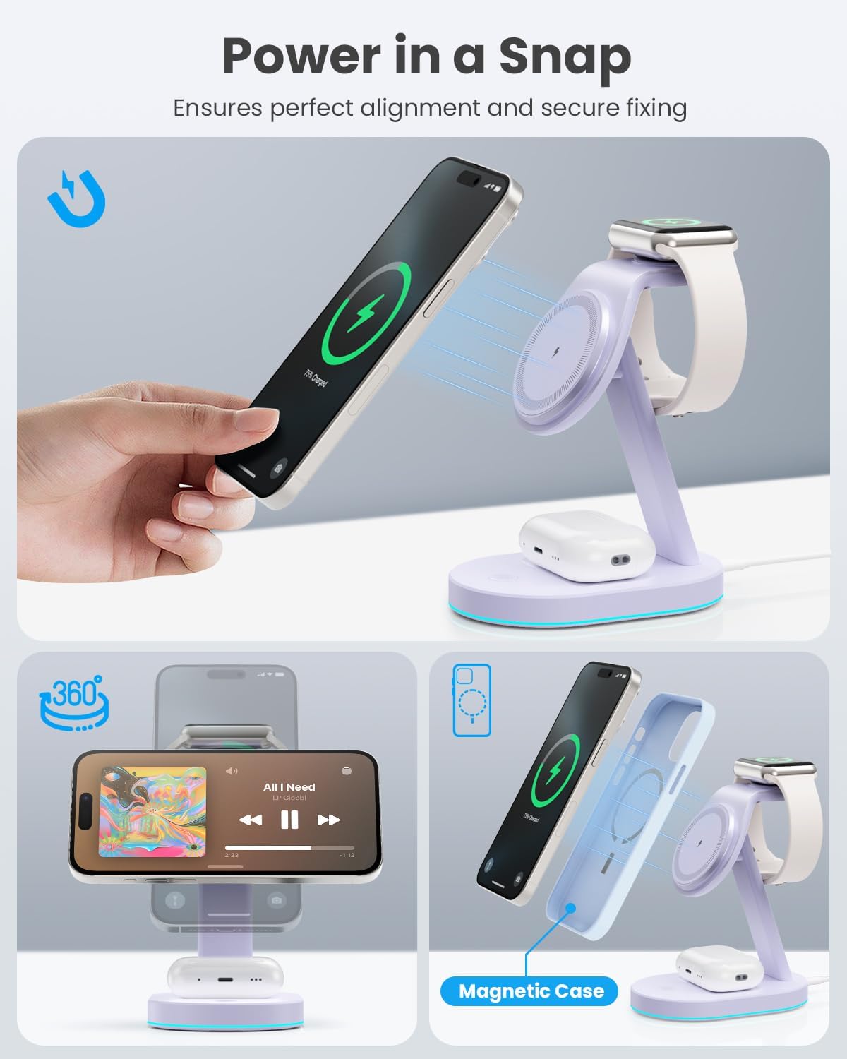 3 in 1 Wireless Charger Charging Station for iPhone,Qi2 Certified 15W Magnetic Charging Stand for Mag-Safe with 30W USB C Adapter&Friendly Night Light for iPhone 16/15/14/13/12,Apple Watch,AirPods