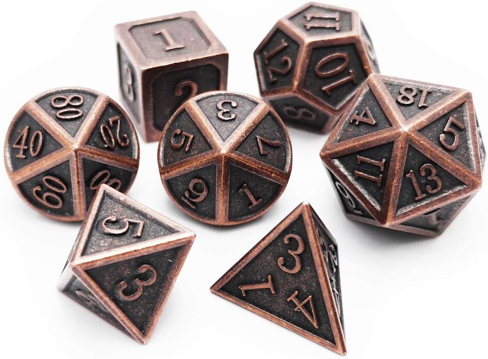 Haxtec Antique Copper Metal DND Dice Set 7 Die Polyhedral D&D Dice Compatible with Dungeons and Dragons Gift TTRPG