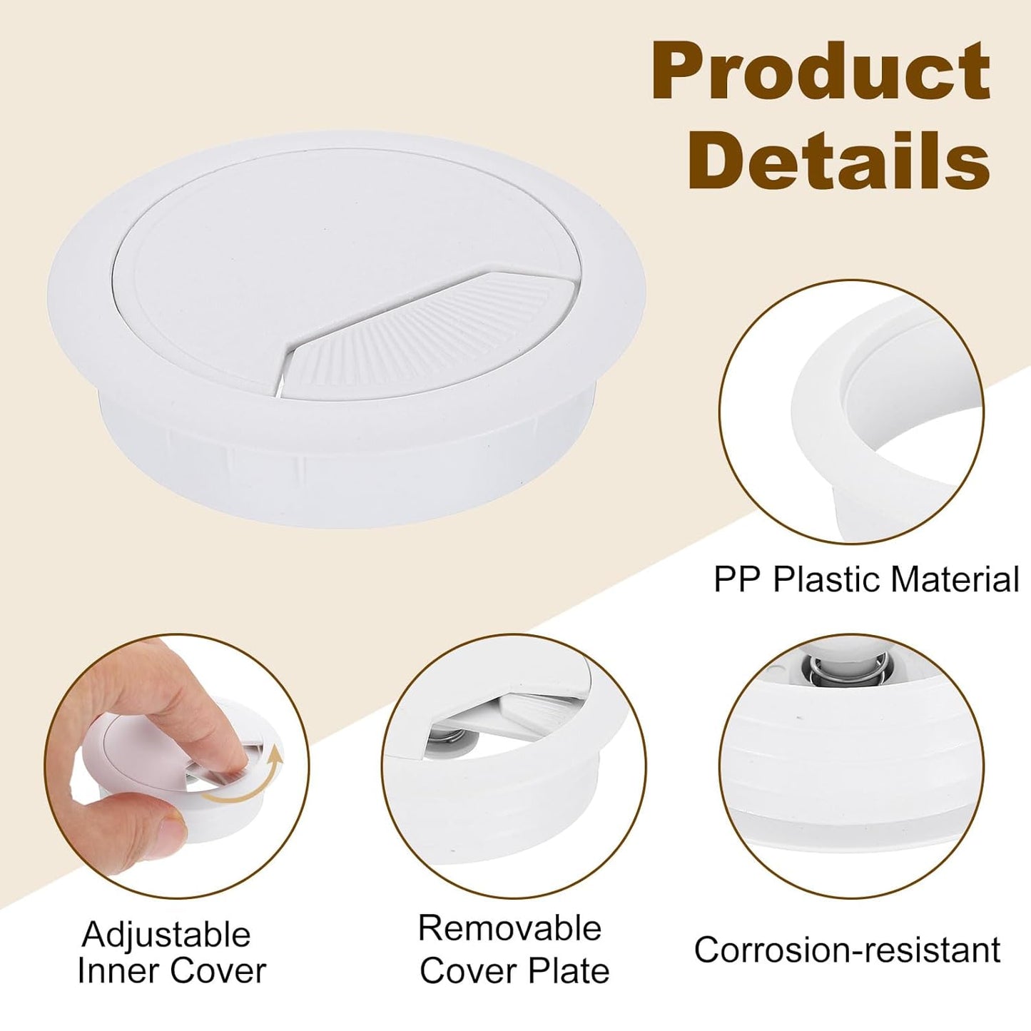 uxcell 5 Pcs 60mm (2.36 Inch) Desk Grommet, Plastic Cable Hole Cover, Wire Cord Cable Organizer for Home Office Computer Desk Cabinet, White
