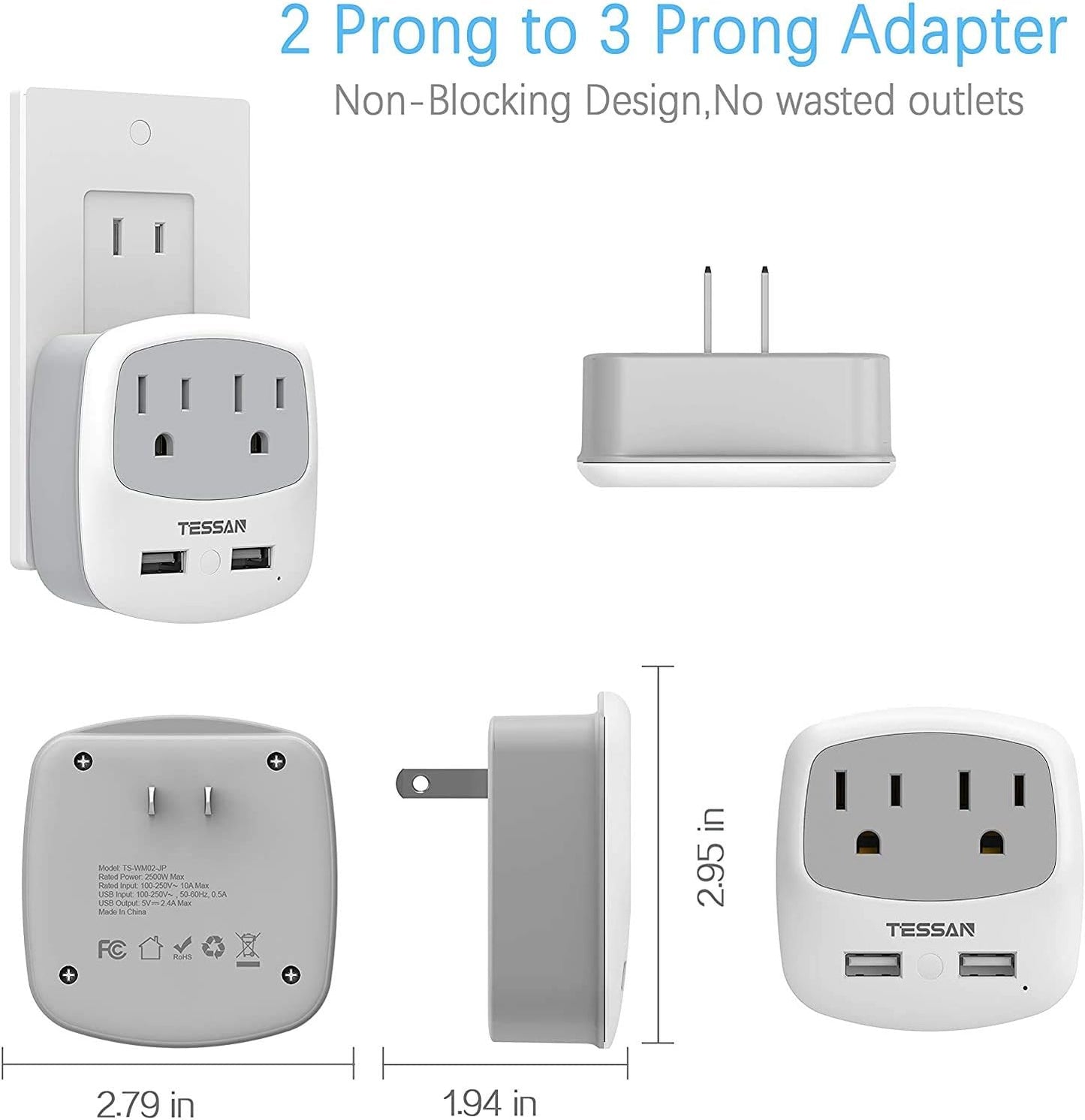 TESSAN US to Japan Plug Adapter, 2 Prong to 3 Prong Outlet Adapter with Two AC Outlets 2 USB Ports, Travel Power Adaptor for USA to Japanese Tokyo Canada Mexico Philippines Peru Colombia, Type A