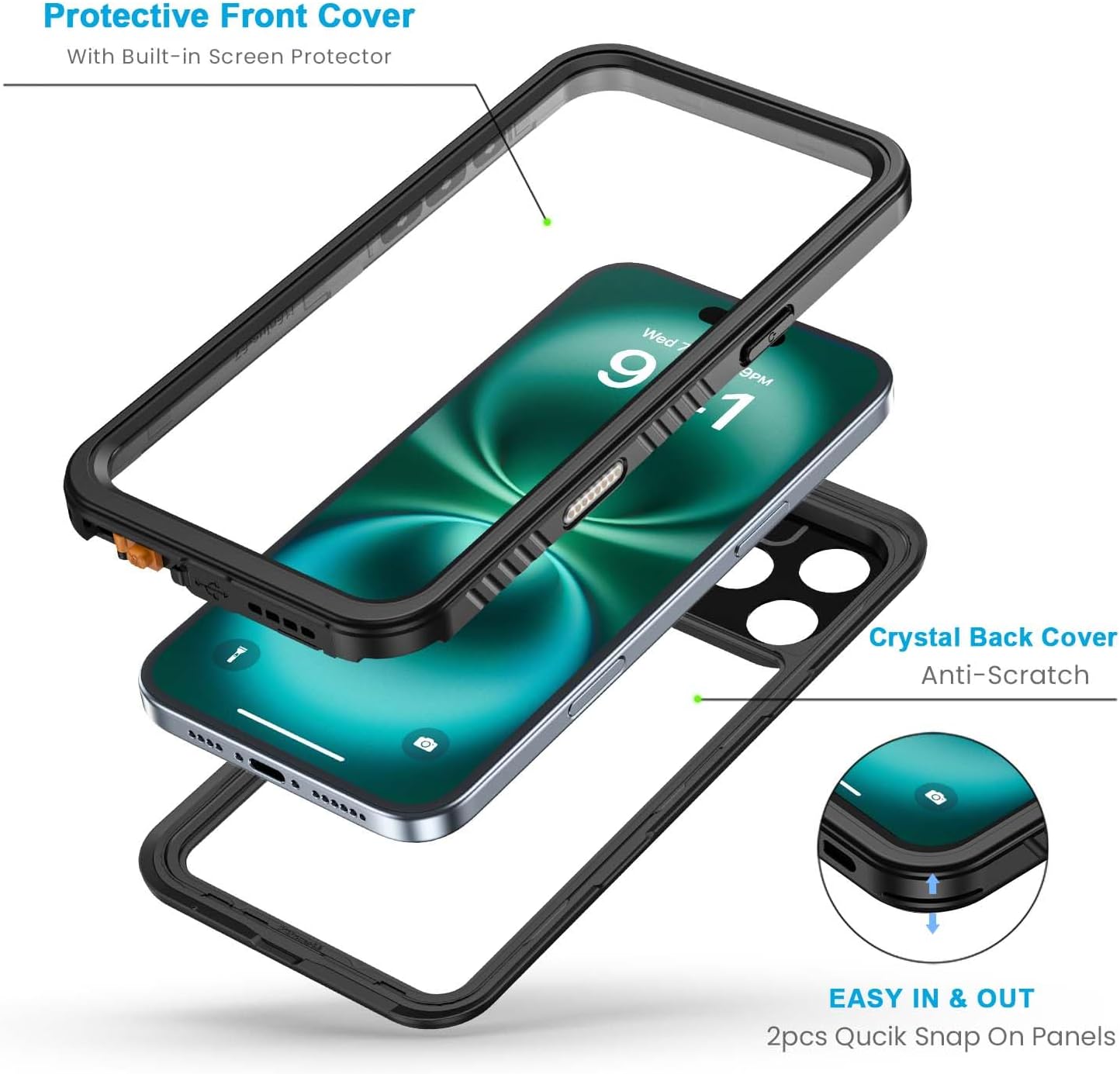 Lanhiem for iPhone 16 Pro Case, IP68 Waterproof Dustproof Shockproof 16 Pro Cases with Built-in Screen Protector, Protective Heavy Duty Rugged Phone Cover for iPhone 16 Pro - 6.3 inch (Black/Clear)
