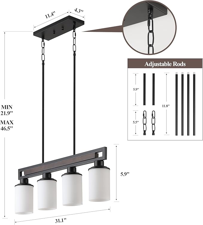 Farmhouse Dining Room Light Fixture, 4-Light Wood Kitchen Island Lighting for Dining Room Over Table, Black Adjustable Pendant Light with Milk Glass Shades, Linear Chandeliers Lighting for Kitchen