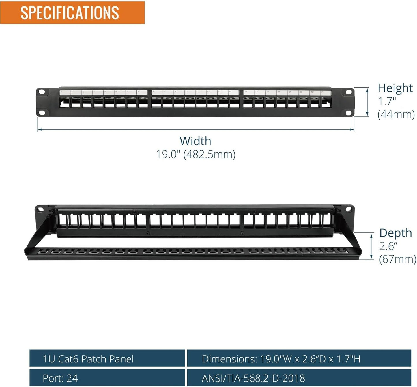 Tecmojo 24-Port Blank Keystone Patch Panel, 1U 19" Rackmount Housing with Cable Management Support Bar, Black