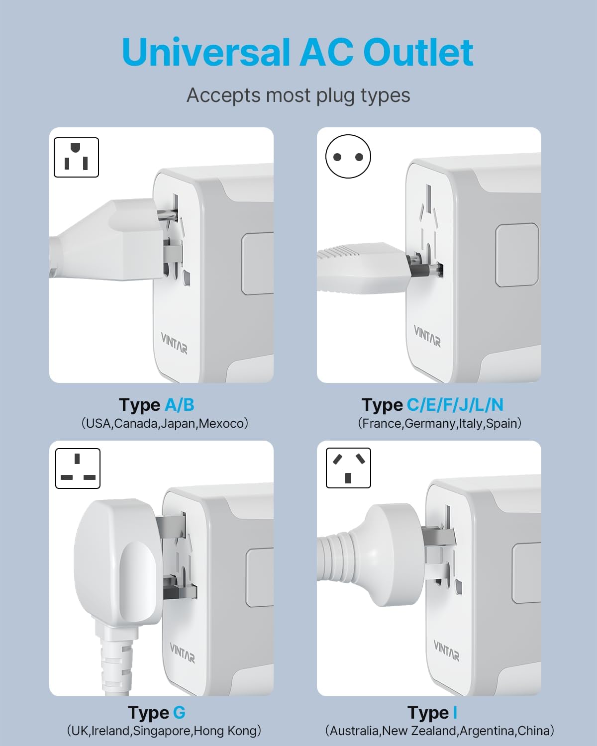 Universal Travel Adapter, VINTAR International Power Adapter with 6A 3 USB C and 2 USB Ports, All in One Travel Essentials Plug Adapter, Worldwide Outlet Converter for Europe UK AUS USA(Type A/C/G/I)