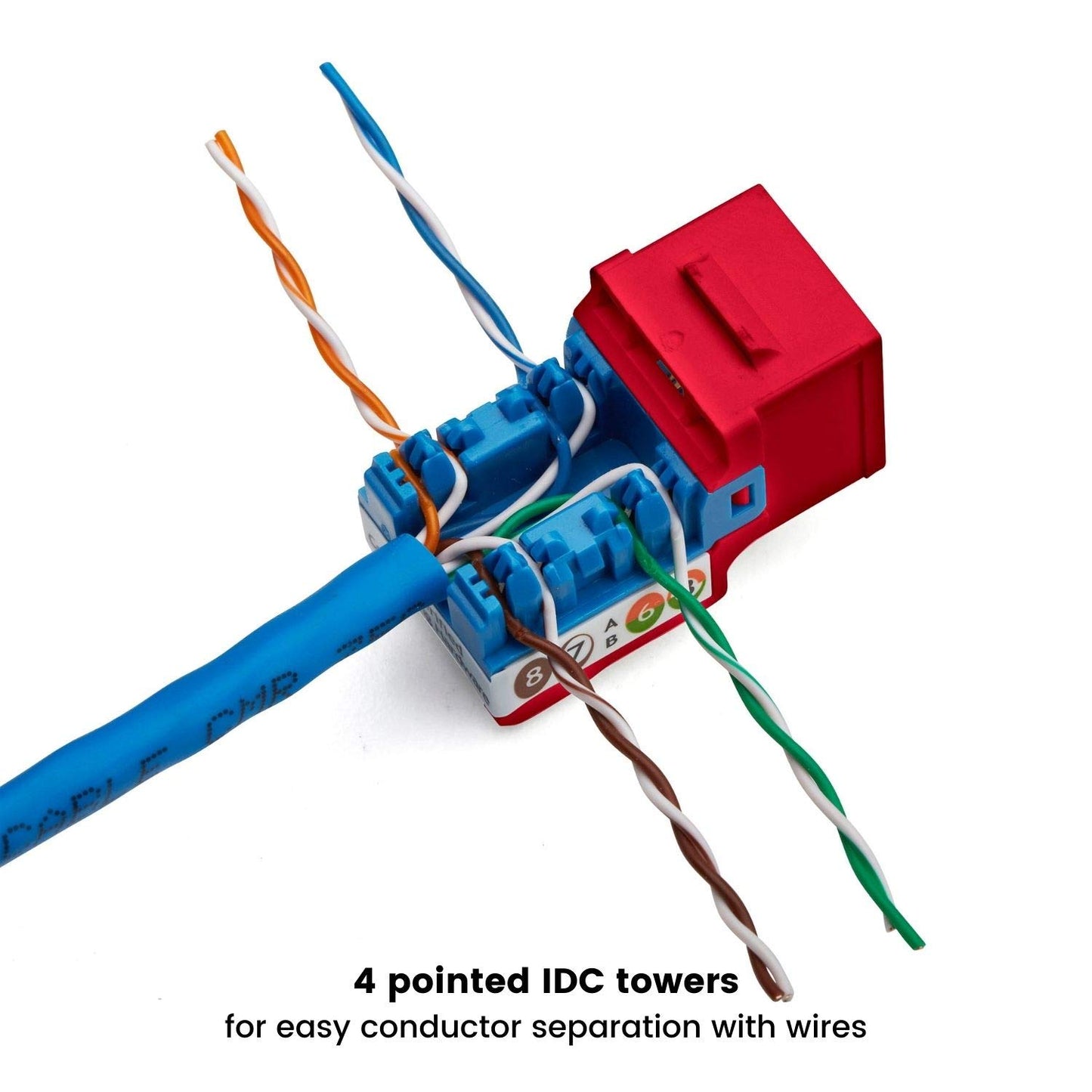 trueCABLE Cat5e Keystone Jack, Unshielded (UTP), 90 Degree Punch-Down, PoE++ (4PPoE) 100W, UL Listed, ETL Verified, ANSI/TIA Certified, Modular RJ45 Female, Red, 24 Pack