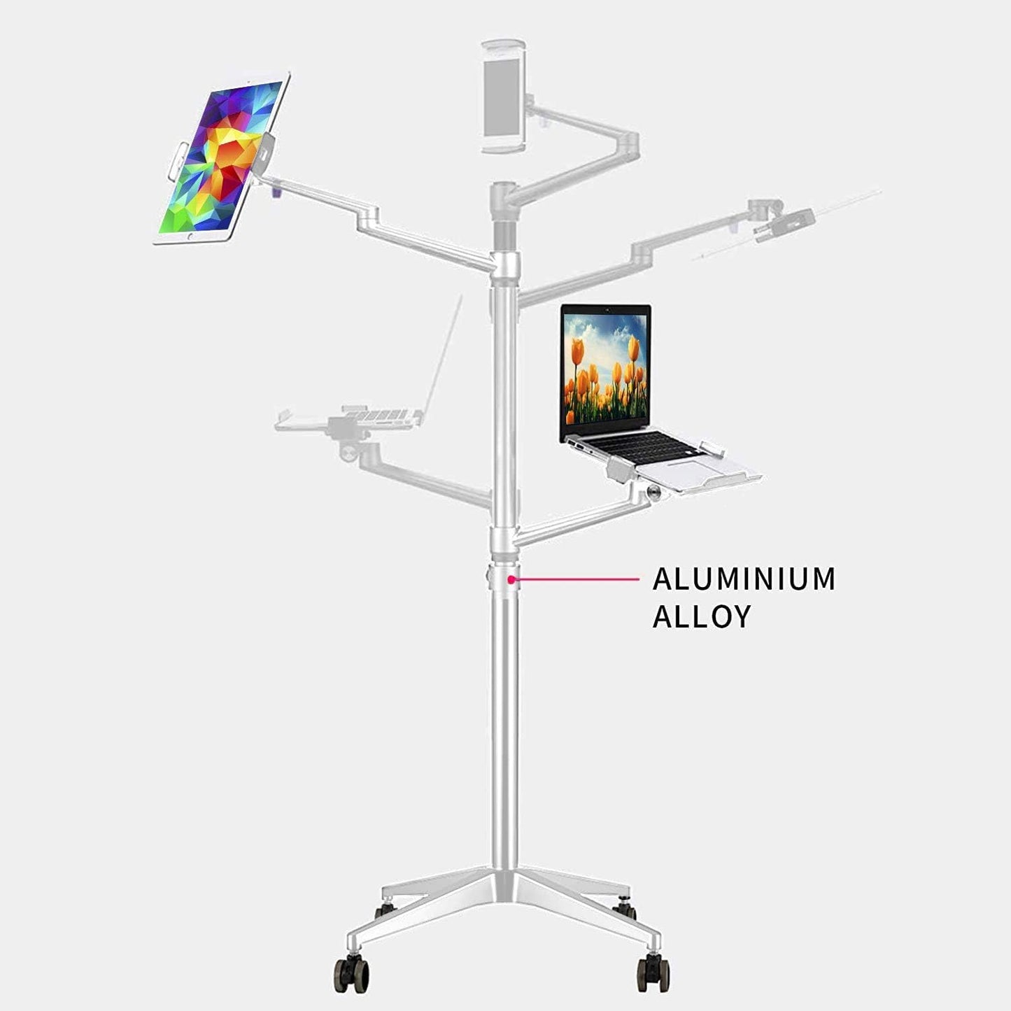 Triple arm Height Adjustable Stand Mount with Rolling Wheel for Laptop(11-17 inch) and Compatible with ipad iPad pro 12.9 inch/Tablet/Ereader
