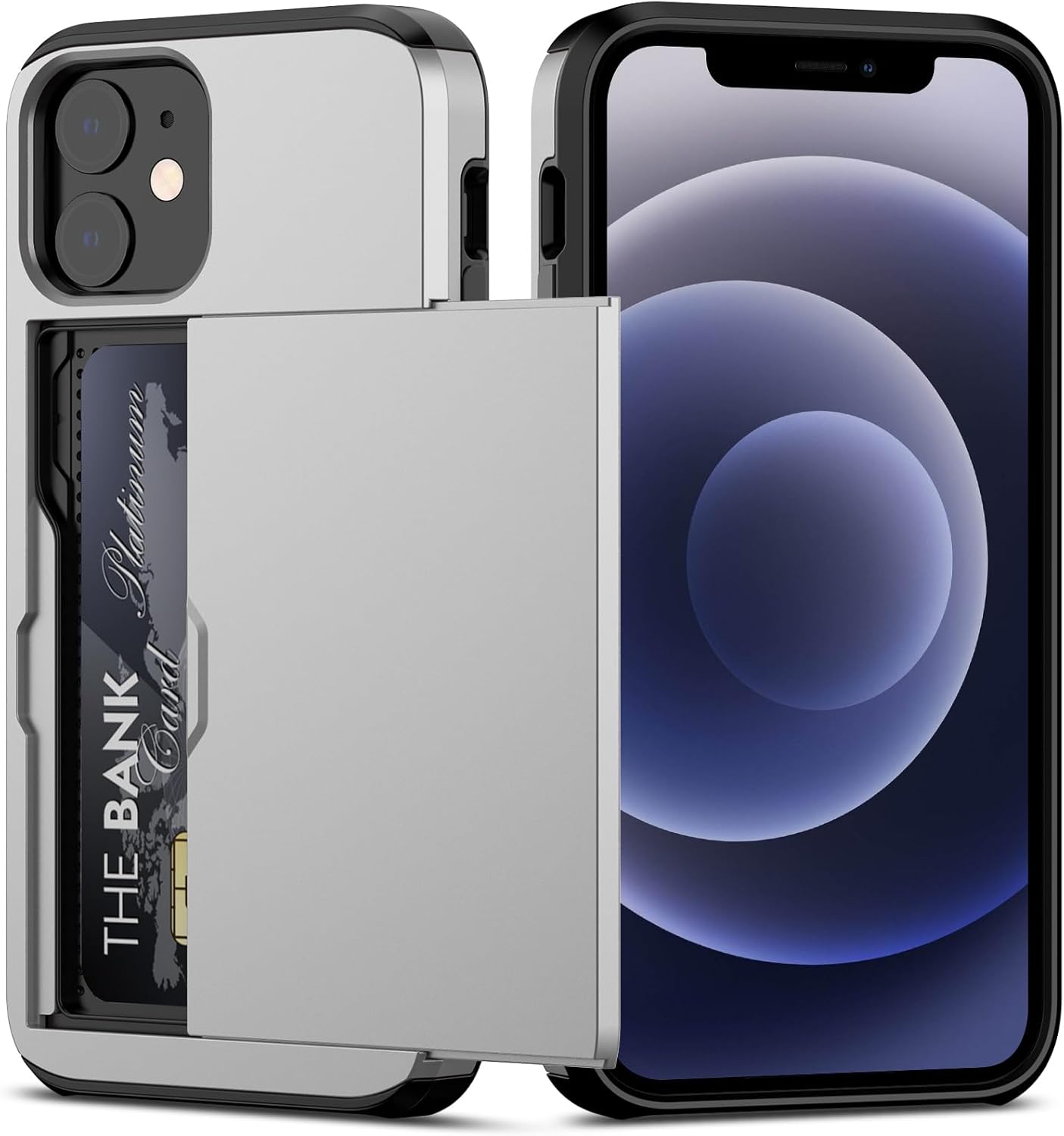 Nvollnoe for iPhone 12 Mini Case with Card Holder Heavy Duty Protective Dual Layer Shockproof Hidden Card Slot Slim Wallet Case for iPhone 12 Mini for Men&Women(Silver)