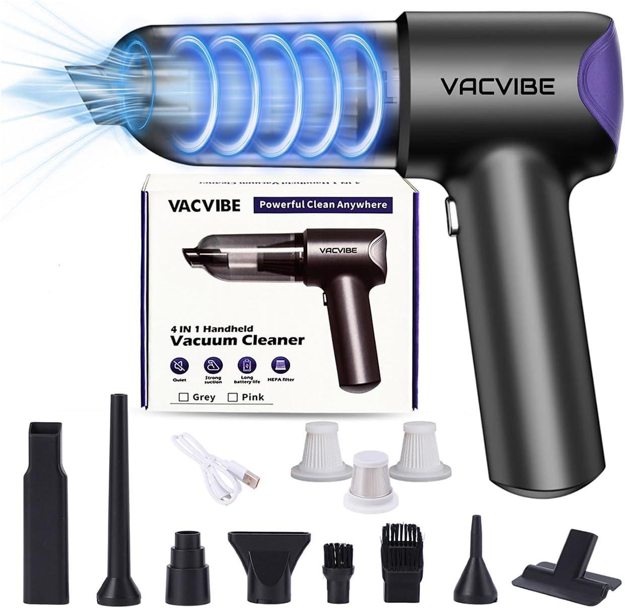 Car Vacuum Portable Cordless, 21000PA 4 in 1 Suck/Blow/Pump/Charger 120W Handheld Car Vacuum Cleaner and Air Duster, Brushless Motor Multi-Nozzles for Home Office Grey