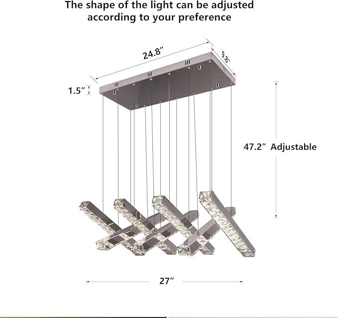 7-Light Linear Crystal Chandelier, LED Modern Chandelier, Chrome Pendant Light Fixture for Living Room Dining Room Kitchen