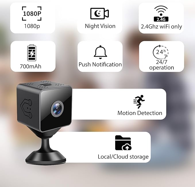 Mini Wireless Camera Home Security cámaras Indoor/Outdoor Cam 1080P HD Small Smart WiFi House Cameras Micro House Nanny Cams Battery-Powered with Motion Detection and Clear Night Vision Baby Monitor