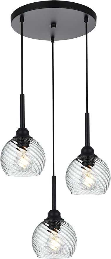 3 Light Black Cluster Pendant Light with Striped Swirl Globe Glass Pendant Lighting for Kitchen Island, Modern Dining Room Light Fixtures Over Table Hanging Ceiling Light, E26 Base