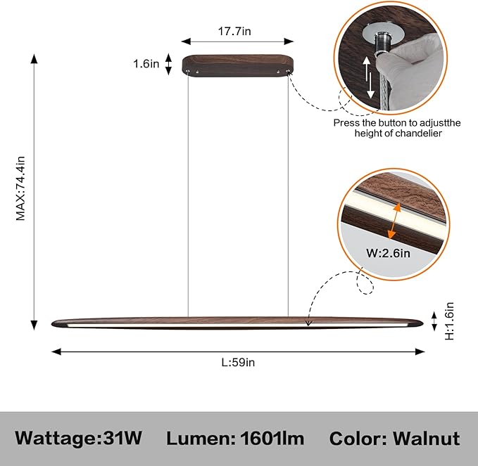 Walnut Linear Pendant Light Fixtures Modern LED Dimmable Pendant Lighting Wood Chandeliers for Dining Room Kitchen Island Pool 59In