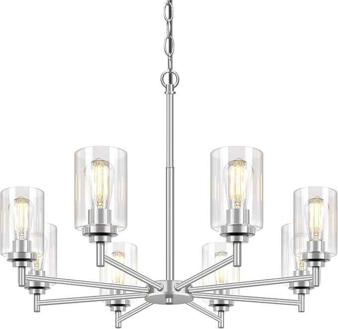 33.5'' 8-Light Chandelier for Dining Room Kitchen Island, Modern Farmhouse Pendant Lighting with Glass Shades Industrial Brushed Nickel Hanging Ceiling Light Fixture for Living Room, Height Adjustable