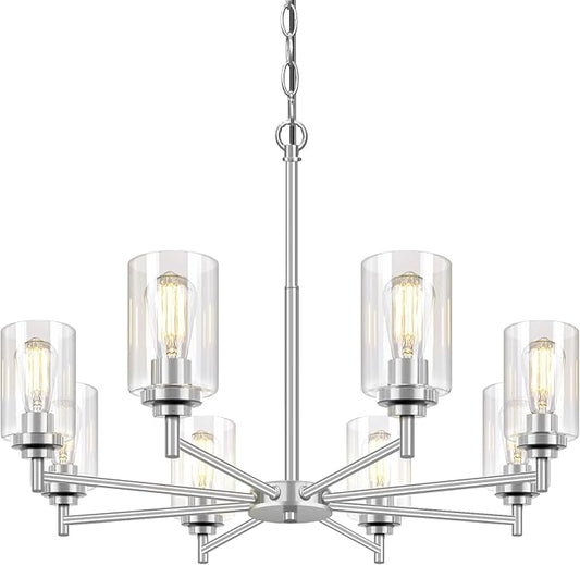 33.5'' 8-Light Chandelier for Dining Room Kitchen Island, Modern Farmhouse Pendant Lighting with Glass Shades Industrial Brushed Nickel Hanging Ceiling Light Fixture for Living Room, Height Adjustable