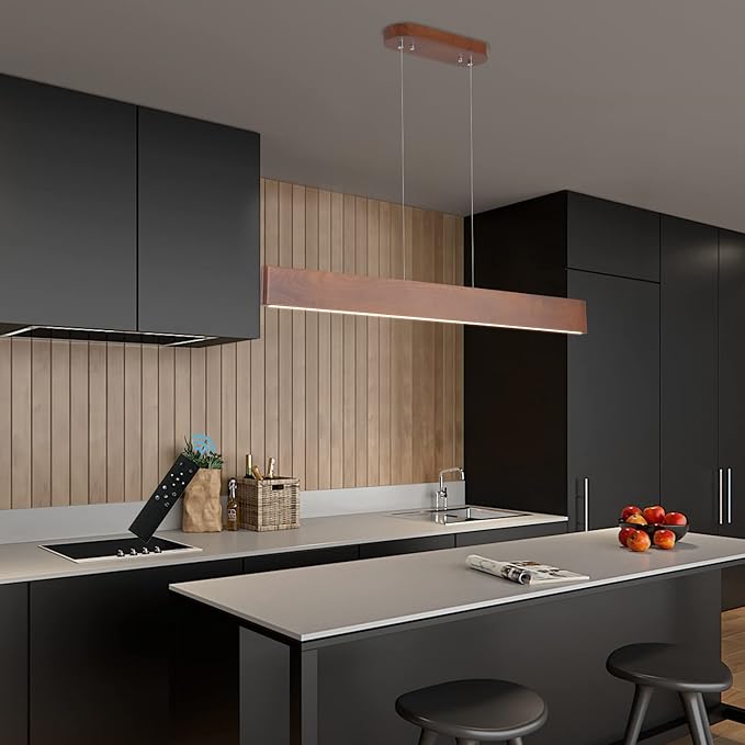 39.4" Wood Linear Pendant Light 24w Led Dimmable Dining Room Light Wood Kitchen Island Pendant Hanging Light for Kitchen Island Office Lights Walnut Color