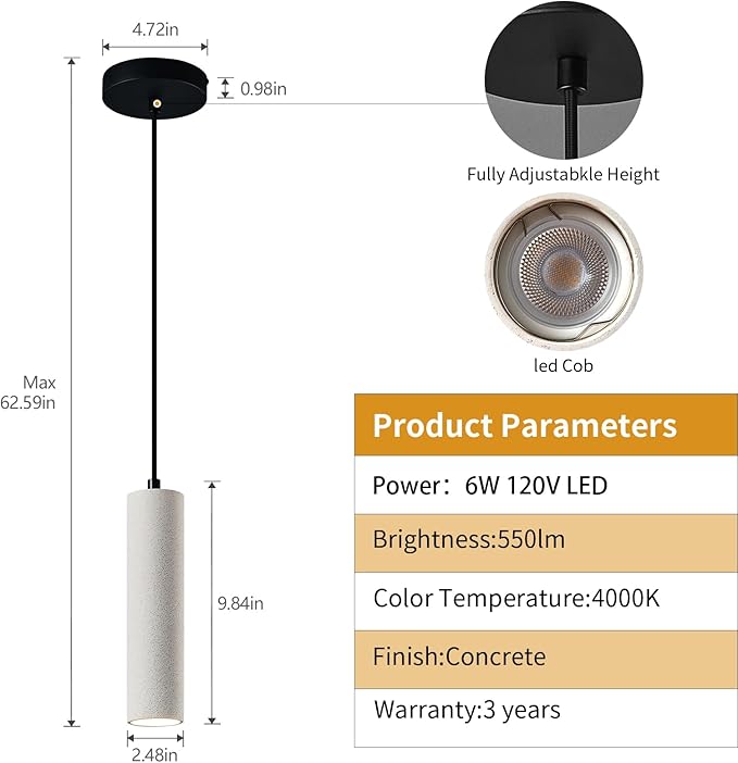 Modern LED Concrete Pendant Light Kitchen Islandceiling Light Fixture Pendant Lighting for Dining Room Coffee Club Resturant Bar Living Room(2-Pack)