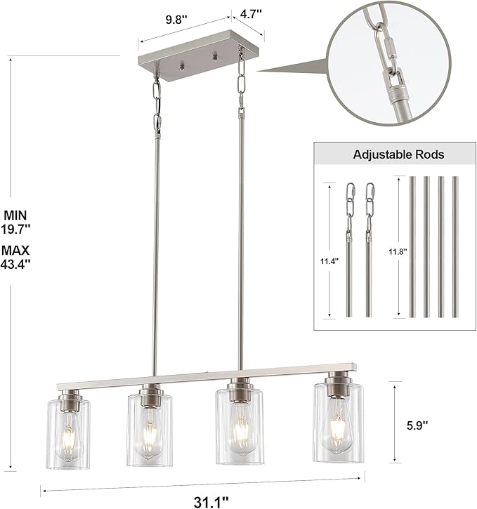 Island Light for Kitchen, Brushed Nickel Dining Room Light Fixture Over Table, 4-Light Linear Chandelier Pendant Lighting for Dining Table Kitchen Island Living Room
